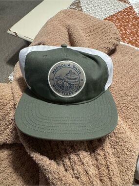 Magnolia Olive Green and White Mesh Trucker Hat with Silos Patch